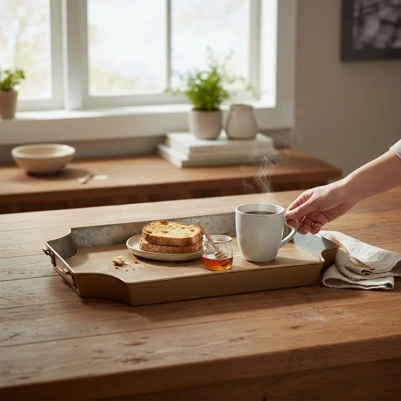 Cooperstown Collection Wood Galvanized Metal Tray Copper Trim - Picture 2 of 6